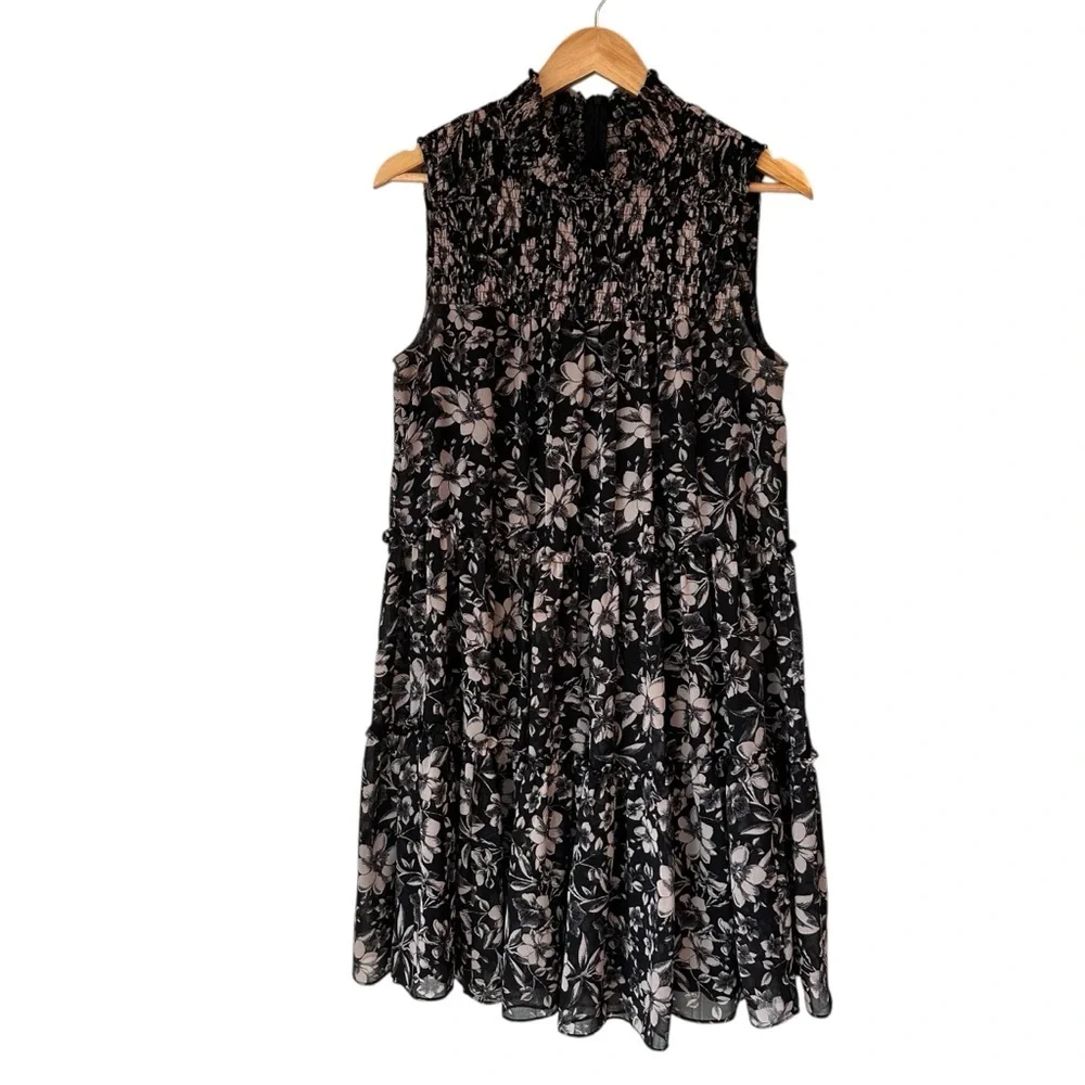 Taylor Black Midi Dress with Cream Floral Print, 10